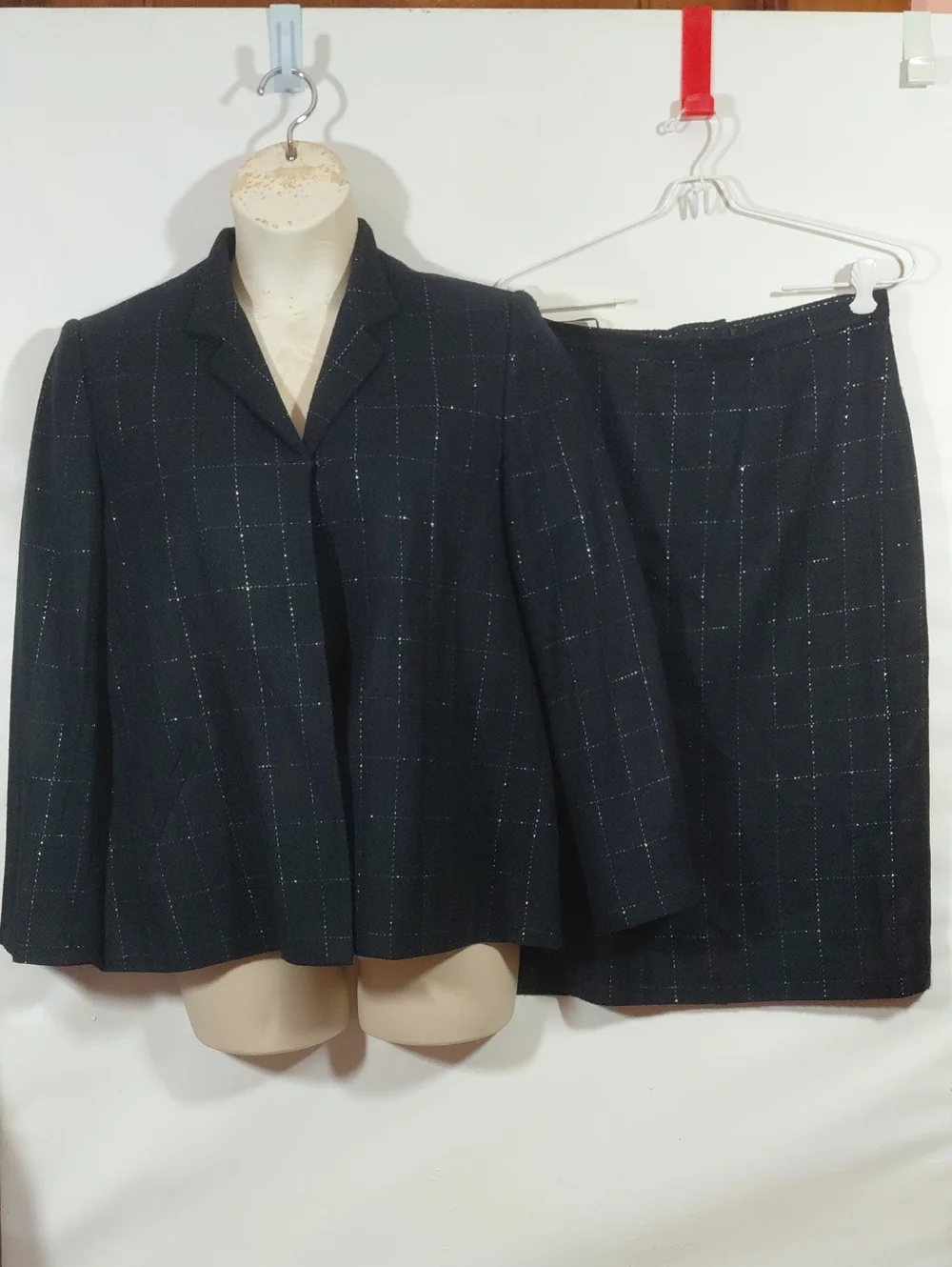 George Simonton Black Metallic Thread Windowpane Knit Blazer Skirt Set Size 14